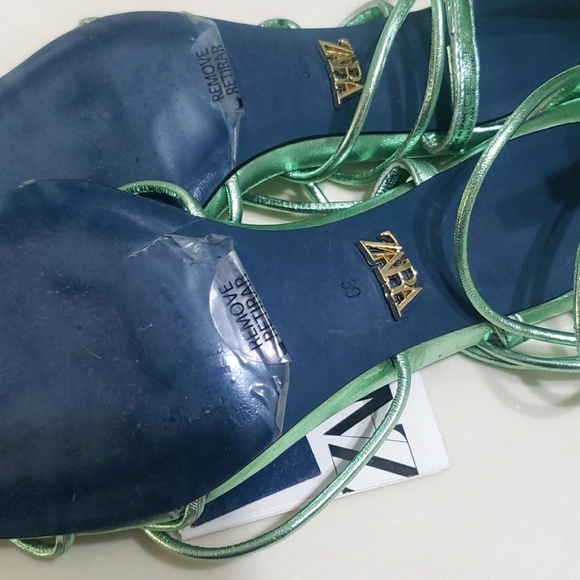 ZARA BLUE COLLECTION GREEN METALLIC LEATHER HEELS - Picture 11 of 12